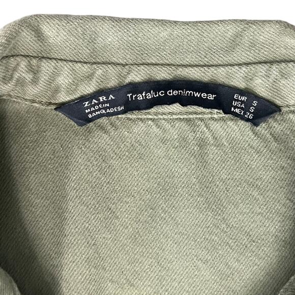 Zara Olive Green Patches Denim Button Down 3/4 Sleeve Shirt Dress sz S Trafaluc - Picture 7 of 13